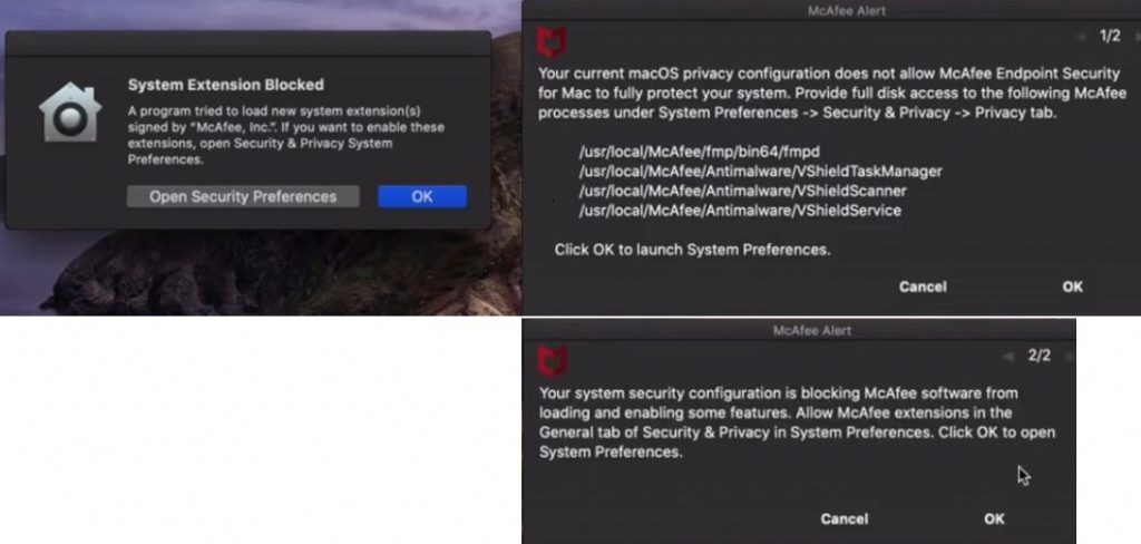 Popup notifications seen upon Installation of McAfee ENS on Mac