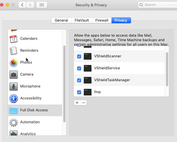 Shows how to grant full disk access to McAfee ENS services - Snap4